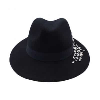 Black hat with white crystals