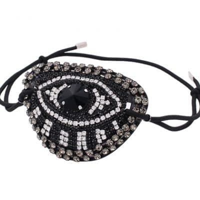 handmade eye patch with black, grey and silver crystals