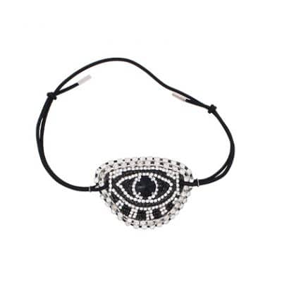 handmade eye patch with black, white and silver crystals