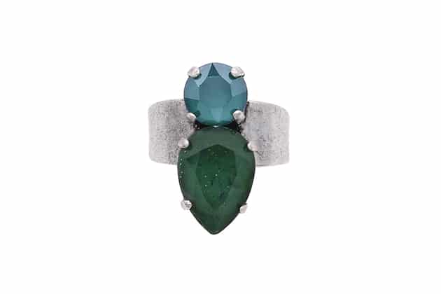 bague en cristaux vetr argenté vieilli 