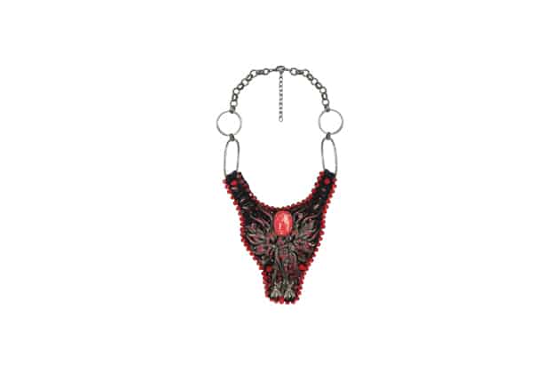 red and black bib with red rhinestone beads embroidery by on aura tout vu