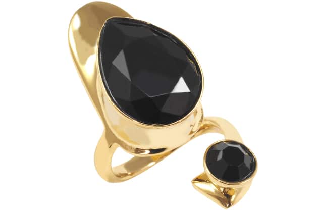 Bague ongle MORTICIA en métal doré orné de cristaux noirs – Image 2