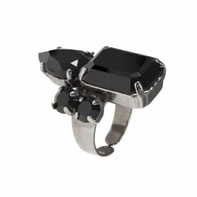 Ring Adari black pear crystals and silver metal rectangles on aura tout vu