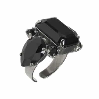 Bague cristaux noir poire et octagon metal argent