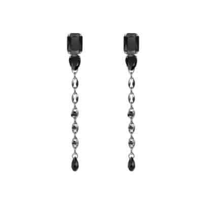 Boucles d'oreilles cristaux noir et chaines maille grain de cafe