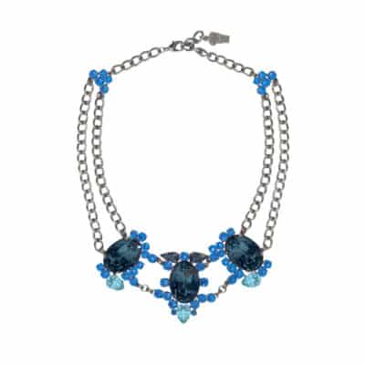 collier cristaux bleu et chaines maille ovales