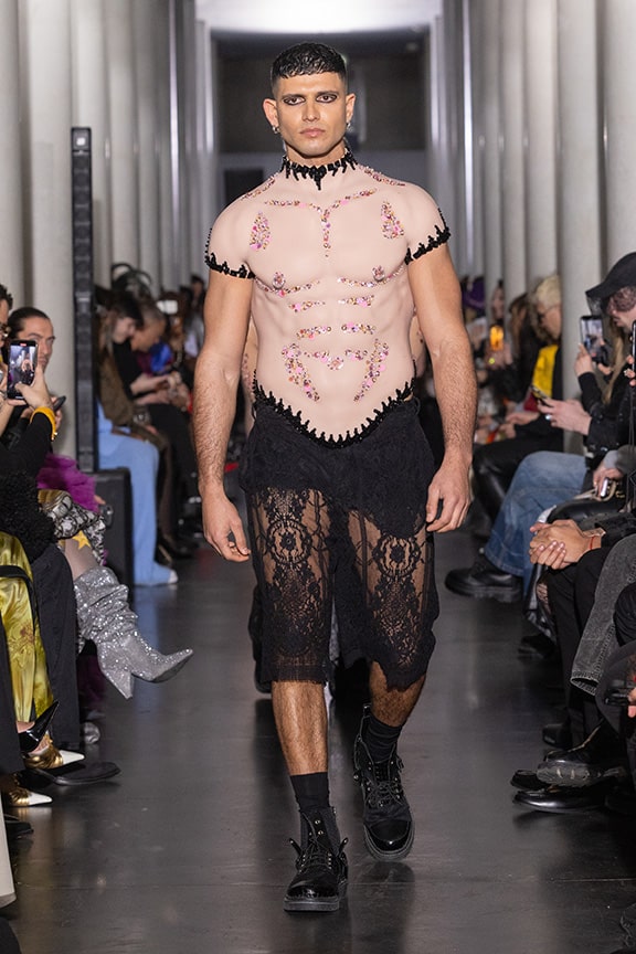 body men and lace pants by on aura tout vu couture 2024 illusions collection haute couture fashion week paris