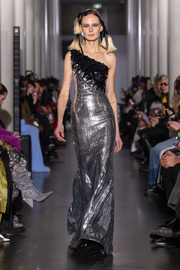 silver and black dress by on aura tout vu couture 2024 illusions collection haute couture fashion week paris