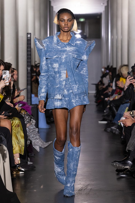 denim jacket and short on aura tout vu couture 2024 illusions collection haute couture fashion week paris