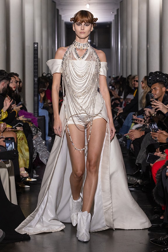 White jewellery dress by on aura tout vu couture 2024 illusions collection haute couture fashion week paris