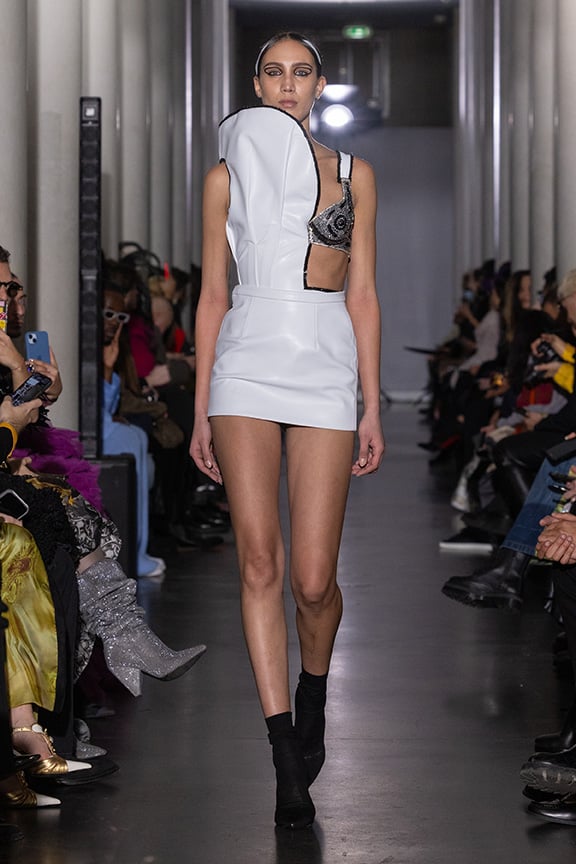 white leather dress on aura tout vu couture 2024 illusions collection haute couture fashion week paris