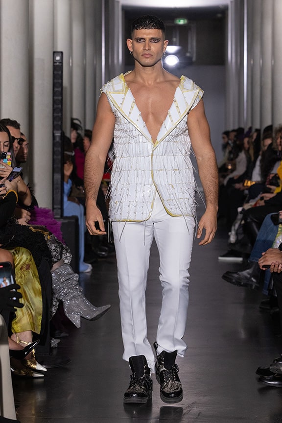White mens jacket on aura tout vu couture 2024 illusions collection haute couture fashion week paris