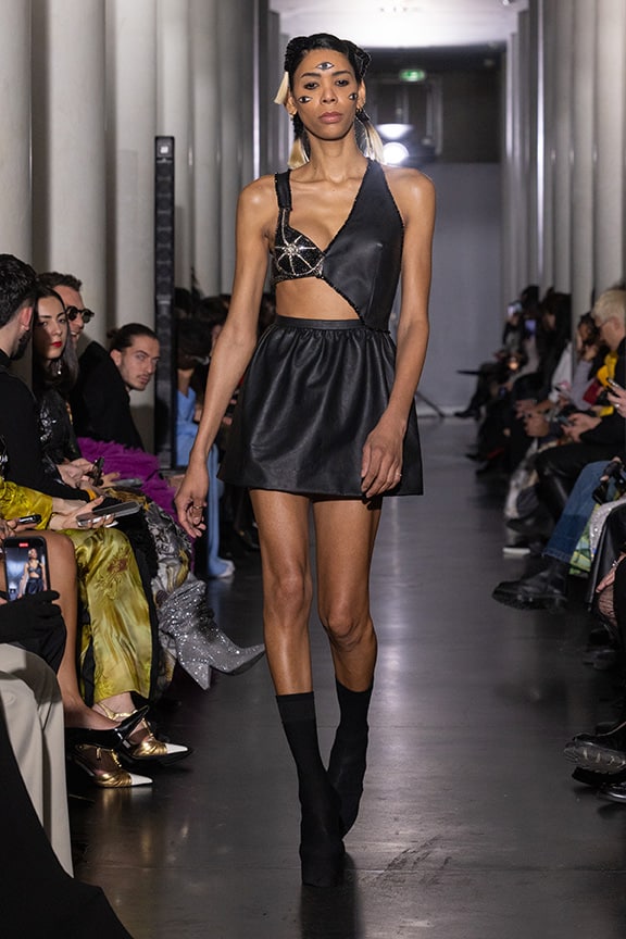black leather dress by on aura tout vu couture 2024 illusions collection haute couture fashion week paris
