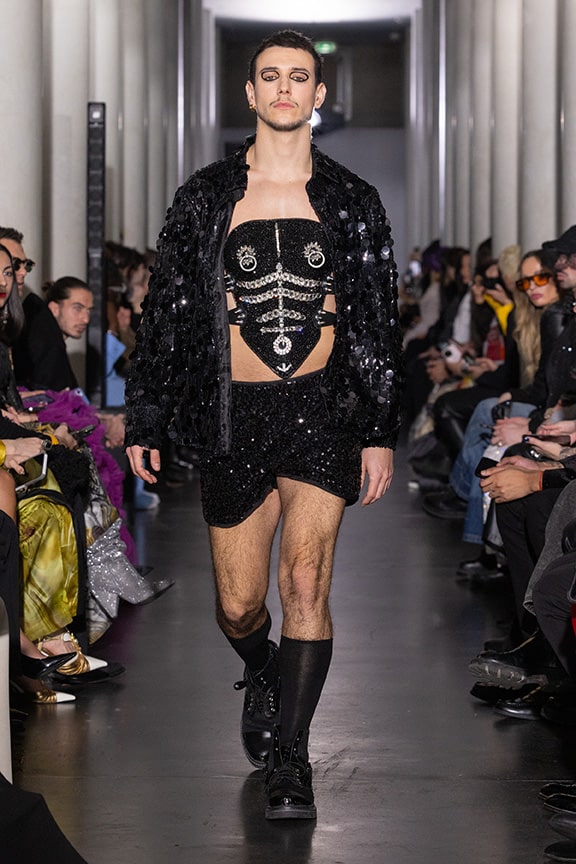Mens black short body cristals and shirt by on aura tout vu couture 2024 illusions collection haute couture fashion week paris