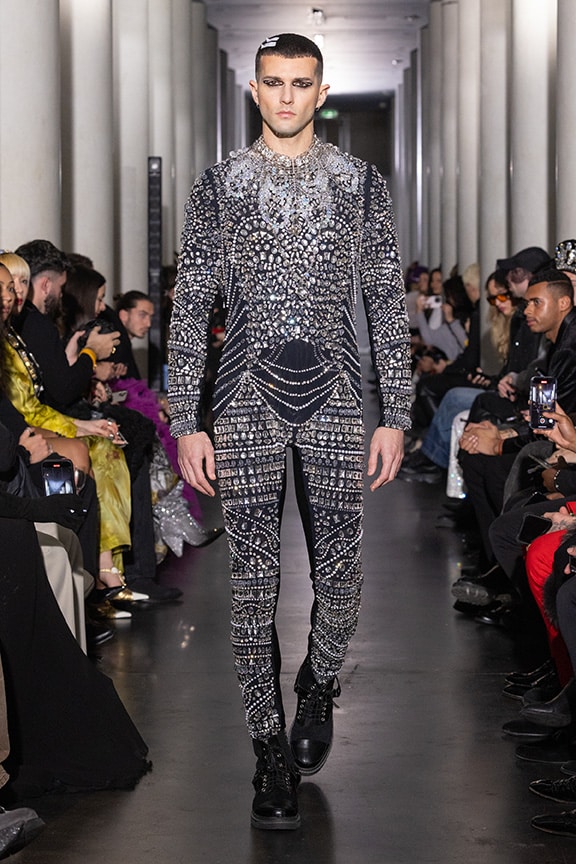 mens cristals embroidered bodysuit by on aura tout vu couture 2024 illusions collection haute couture fashion week paris