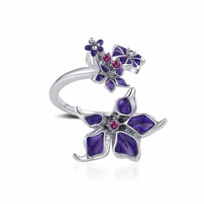 Bague fleurs datura émaillage violet en métal argent et cristaux zhang zhehan x on aura tout vu